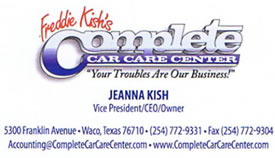 women of waco member business card - freddie kish's complete car care center