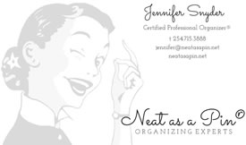 women of waco member business card - jennifer snyder neat as a pin organizing experts