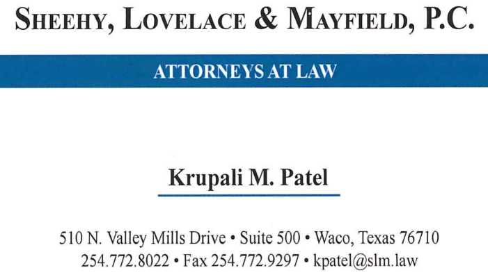 Krupali Patel Waco, Texas Attorney - Sheehy, Lovelace & Mayfield, PC